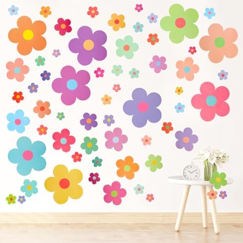COMNICO 63pcs Colorful Y2K Floral Wall Stickers for Kids Bedroom Decor