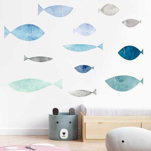 36 Pcs Watercolor Blue School of Fish Wall Decals
