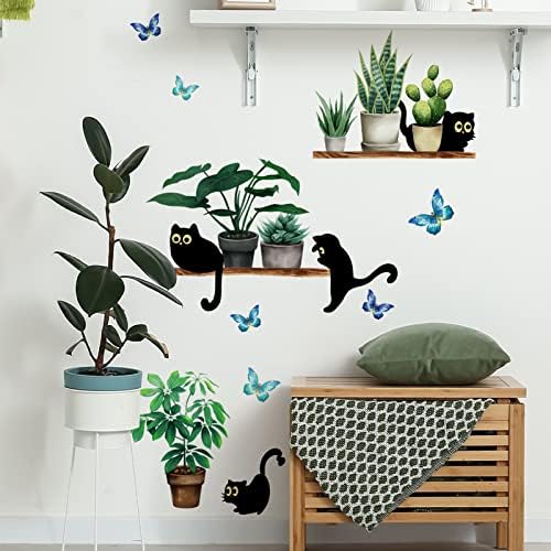 Black Cats Potted Plant Wall Decals Bonsai Stickers