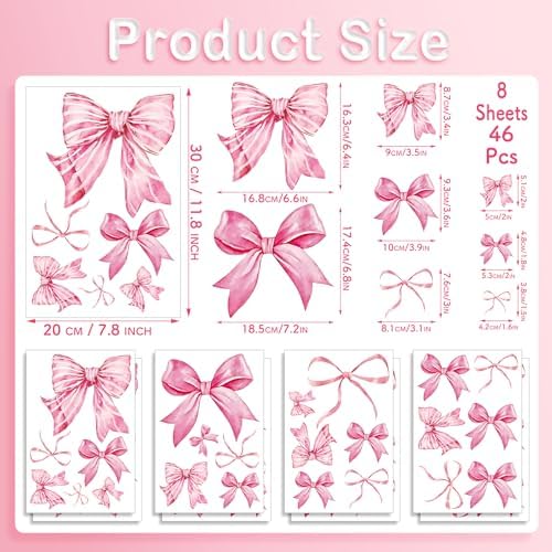 Pink Bow Wall Stickers 8 Sheets 46 Pcs Decor for Nursery and Girls Room