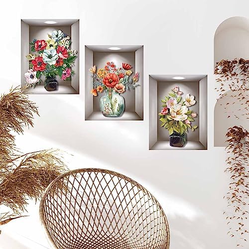 Supzone 3D Vase Wall Stickers - 3 Pcs Vintage Flower Decor