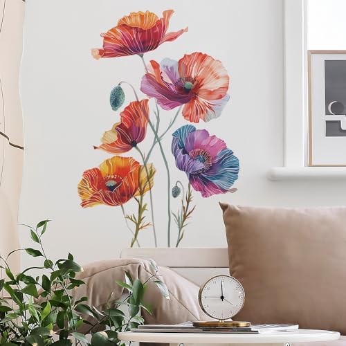 Runtoo Poppy Flowers Wall Art Decals Boho Watercolor Floral Wall Stickers for Home Decor