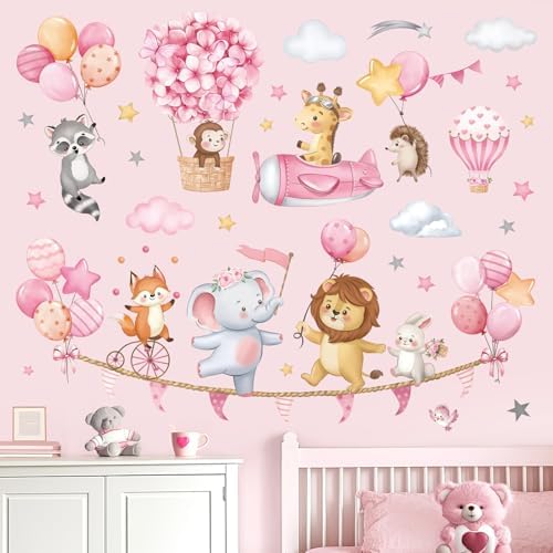 Pink Animal Hot Air Balloon Wall Decals for Girls Room
