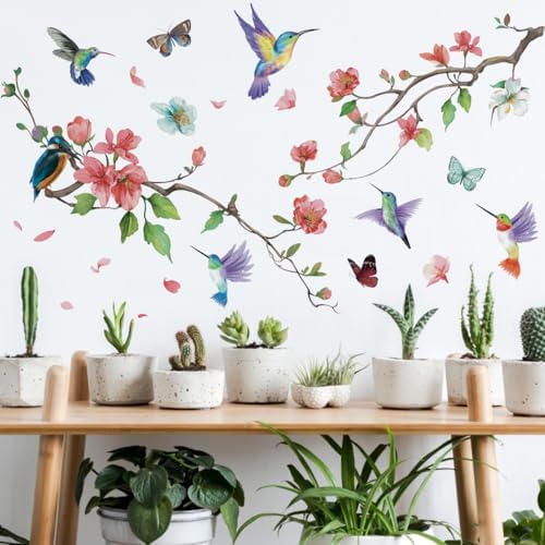 Runtoo Hummingbird Pink Floral Wall Decal Sticker