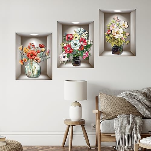 Supzone 3D Vase Wall Stickers - 3 Pcs Vintage Flower Decor