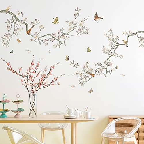 3D Curved Tree Branches with Colorful Flying Birds Wall Decals