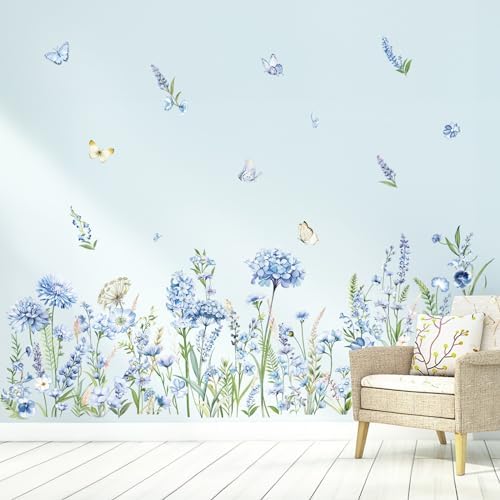 Decalmile Wildflower Wall Stickers Blue Floral Garden Decor
