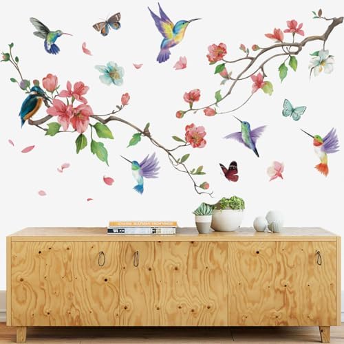 Runtoo Hummingbird Pink Floral Wall Decal Sticker