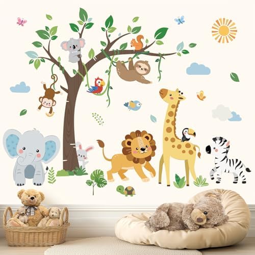 Jungle Animals Tree Wall Decals for Kids Room Decor
