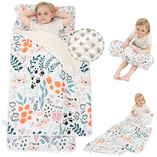 Viviland Toddler Nap Mat with Pillow and Blanket - Cute Cat Design