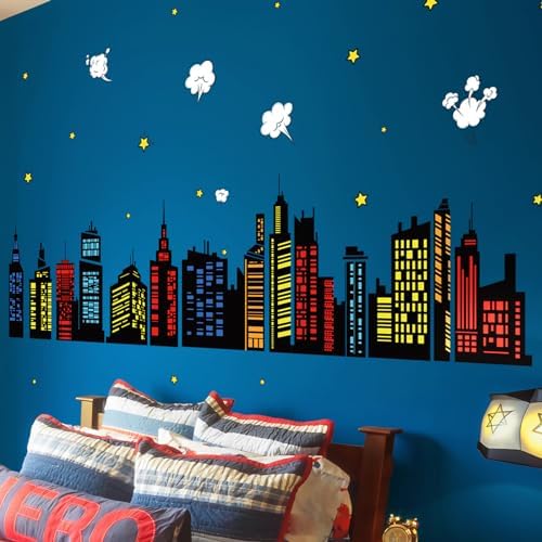 Colorful City Skyline Wall Decals for Bedroom Playroom and Toddler Room