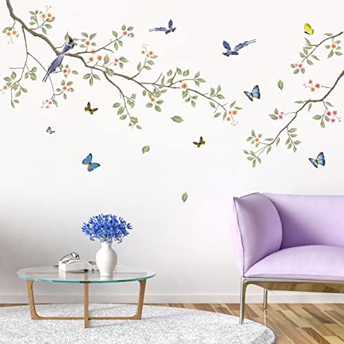Green Leaf Branch Wall Decals with White Flowers and Butterflies