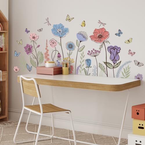 Prabahdak Flower Wall Decals Vintage Floral Butterfly Dragonfly Sticker Peel and Stick Decor