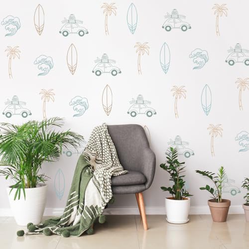 Retro Surfer Wall Sticker with Ocean Waves and Palm Trees