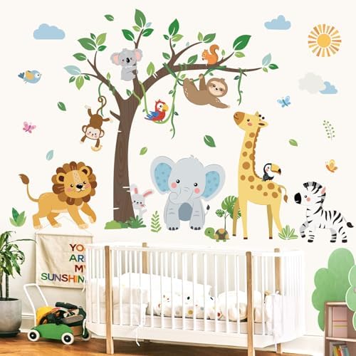 Jungle Animals Tree Wall Decals for Kids Room Decor