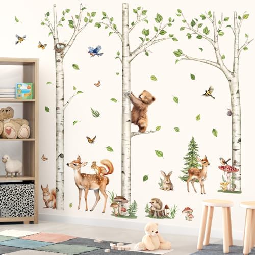 Decalmile Large White Birch Tree Wall Decals with Forest Animals