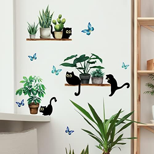 Black Cats Potted Plant Wall Decals Bonsai Stickers