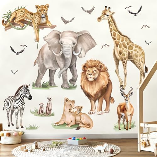 Wondever Safari Animals Wall Stickers Jungle Lion Leopard Giraffe Peel and Stick Art Decals for Kids Room