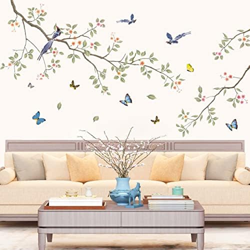 Green Leaf Branch Wall Decals with White Flowers and Butterflies