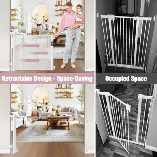 56 Inch Retractable Dog Gate with Reinforced Strip - White