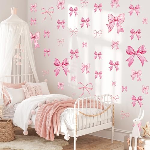Pink Bow Wall Stickers 8 Sheets 46 Pcs Decor for Nursery and Girls Room