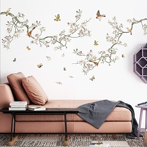 Green Leaf Branch Wall Decals with White Flowers and Butterflies for Kids Bedroom and Nursery Decoration