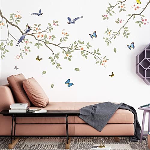 Green Leaf Branch Wall Decals with White Flowers and Butterflies