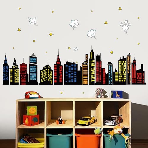 Colorful City Skyline Wall Decals for Bedroom Playroom and Toddler Room