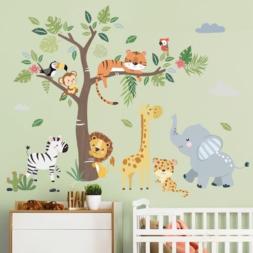 Jungle Animals Tree Wall Decals for Kids Room and Baby Nursery