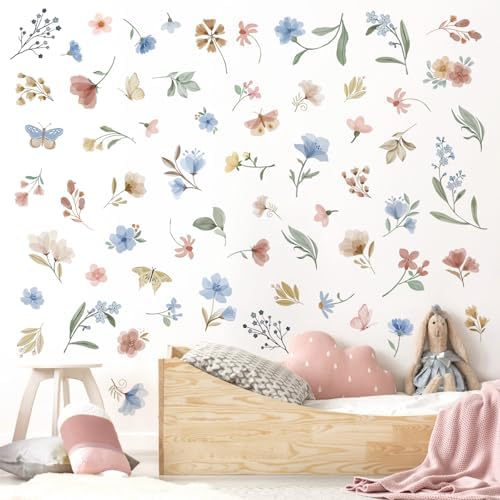 Wondever Boho Blue Floral Wall Decals Peel and Stick for Baby Room