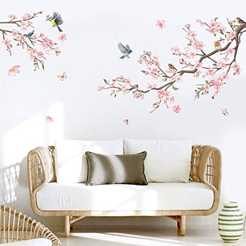 Decalmile Pink Blossom Floral Birds Wall Decals for Kids Bedroom Living Room Window Decor