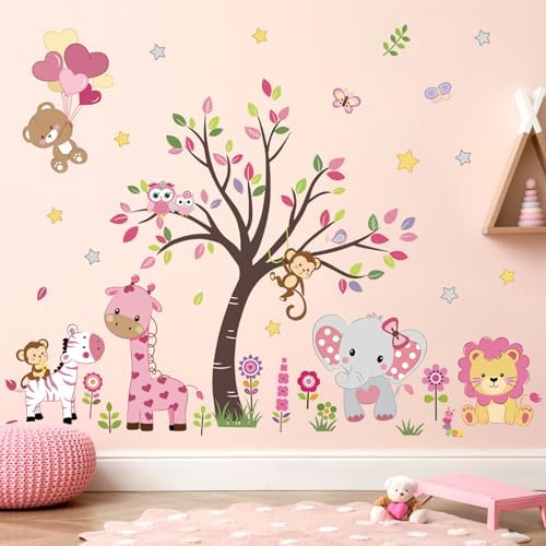 Pink Animal Tree Wall Decals for Girls Bedroom and Nursery