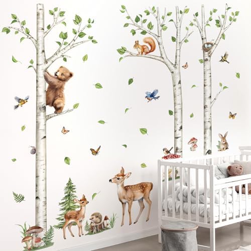 Decalmile Large White Birch Tree Wall Decals with Forest Animals