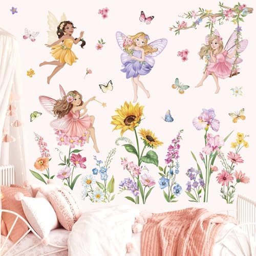Wondever Fairy Flower Wall Stickers for Girls Bedroom Kids Room Baby Nursery