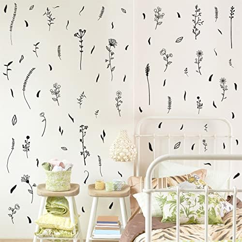 Kazova Black Wildflower Wall Stickers for Kids Room Bedroom Decor