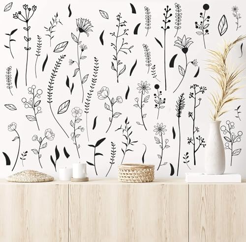 Kazova Black Wildflower Wall Stickers for Kids Room Bedroom Decor