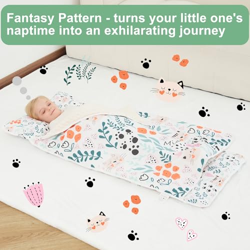 Viviland Toddler Nap Mat with Pillow and Blanket - Cute Cat Design