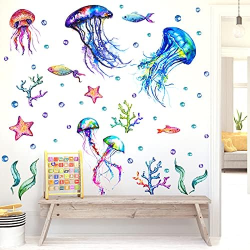 Ocean Jellyfish Wall Decal Vibrant Seaweed Starfish DIY Decor for Kids Room