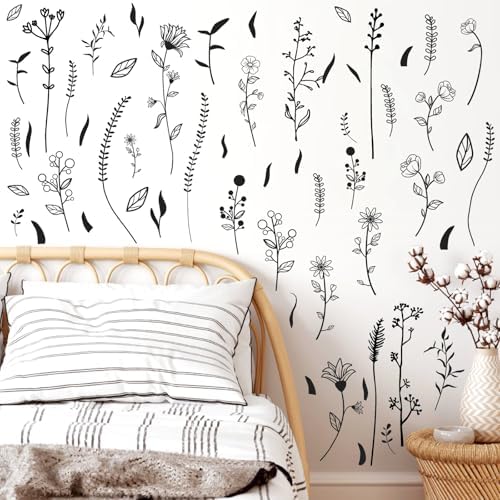 Kazova Black Wildflower Wall Stickers for Kids Room Bedroom Decor