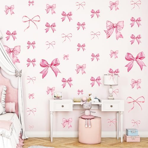 Pink Bow Wall Stickers 8 Sheets 46 Pcs Decor for Nursery and Girls Room