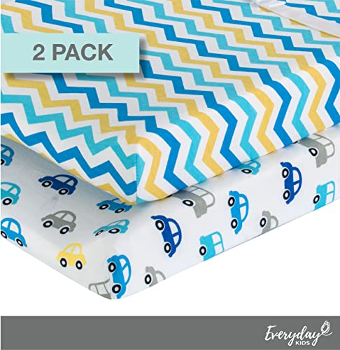 Everyday Kids 2 Pack Baby Changing Pad Covers for Boy - Yellow and Blue Cars Chevron Pattern