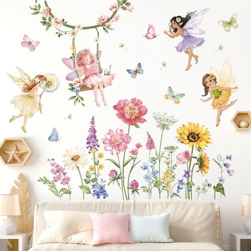 Flower Fairy Wall Decals Butterfly Girl with Wildflower Sunflower Decor Stickers
