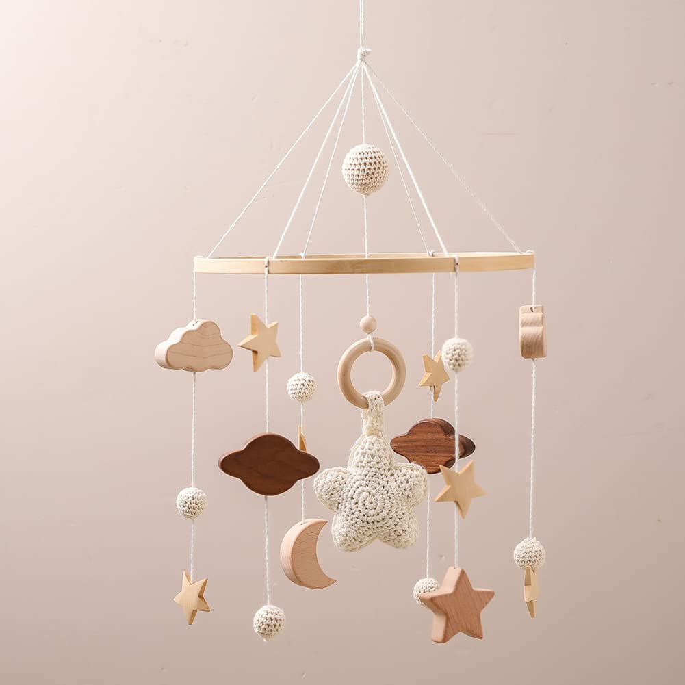 Baby Musical Crib Mobile with Rotating Wooden Stars Pendant