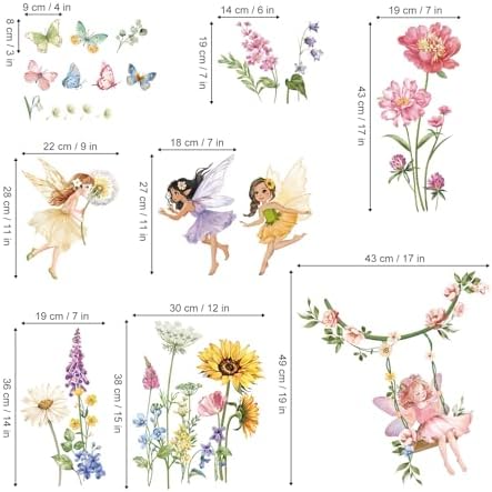 Flower Fairy Wall Decals Butterfly Girl with Wildflower Sunflower Decor Stickers
