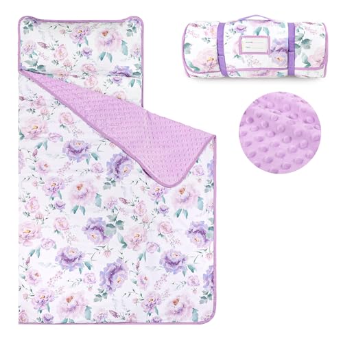 Toddler Nap Mat with Pillow and Minky Blanket Purple