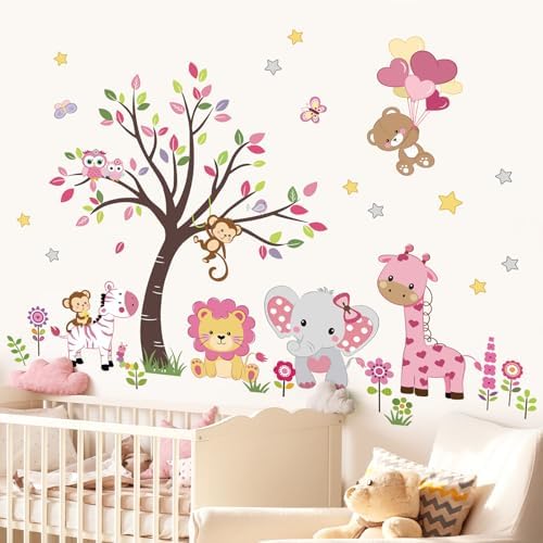 Pink Animal Tree Wall Decals for Girls Bedroom and Nursery