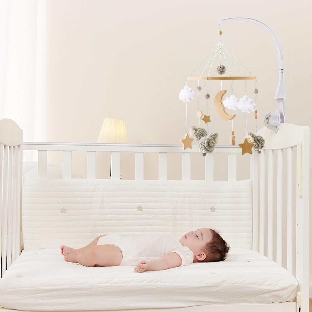 Baby Crib Mobile with Wooden Wind Chime Boho Decor Stars Clouds Moon