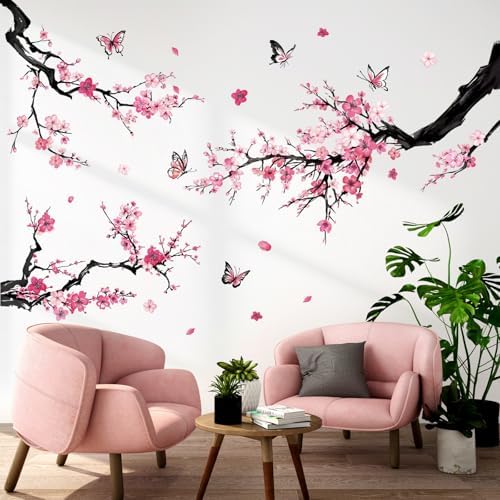Pink Butterflies and Botanical Plum Blossom Wall Stickers