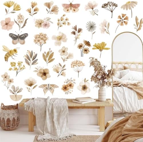 53 Pcs Boho Flower Wall Stickers Vintage Botanical Decor