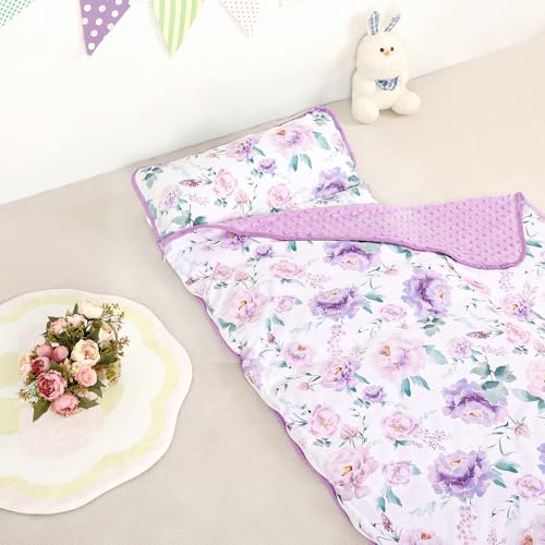 Toddler Nap Mat with Pillow and Minky Blanket Purple
